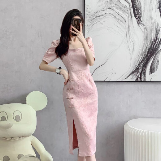 Lcxmnd 2023 summer new style retro temperament gentle girl young improved cheongsam dress high-end goddess style dress leather pink [tea break French dress 2023 women's new L