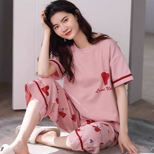 浪莎（LangSha）睡衣女夏季短袖七分裤加大宽松春夏天可外穿卡通可爱家居服套装 短袖七分裤679 L _建议98-115斤穿