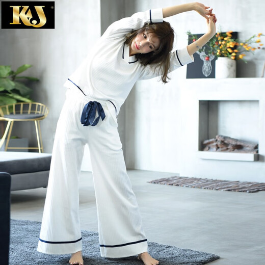 French KJ pajamas for women spring, autumn and winter pure cotton long-sleeved wide-leg pants with pit strips and threaded home clothes two-piece suit white M