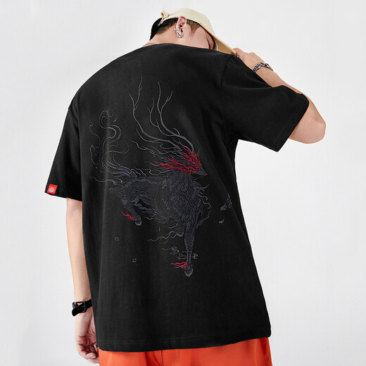 
VENSUP short-sleeved embroidered T-shirt for men and women Lotus Baize Heavy Industry Embroidery Pure Cotton Chinese Style Casual and Evergrande Couple T-shirt T723 Black XL (Suggested 136-155 Jin [Jin equals 0.5 kg])