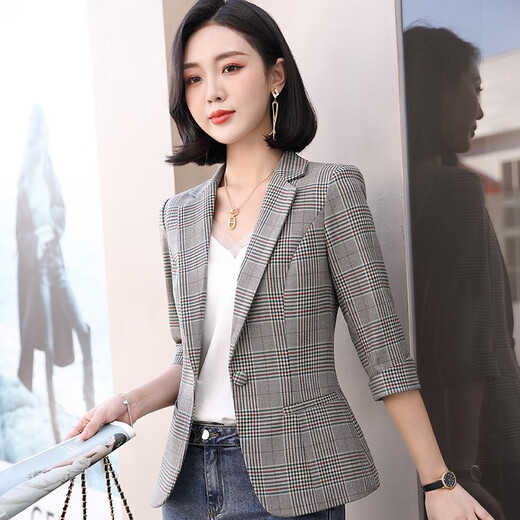 樱芭妮格子小西装外套女2025春秋新款修身显瘦小个子休闲小西服长袖上衣 8918杏格长袖 2XL （119-128斤）