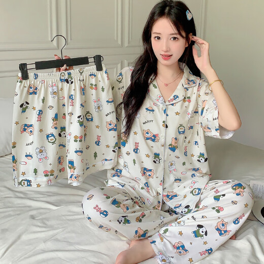 Pijama para mujeres de tres piezas de animales de dibujos animados de tres piezas para primavera y verano para ropa linda para ropa casual y linda para el hogar. KK14107 L [recomendado 100-120Jin [Jin equivale a 0.5 kg]]