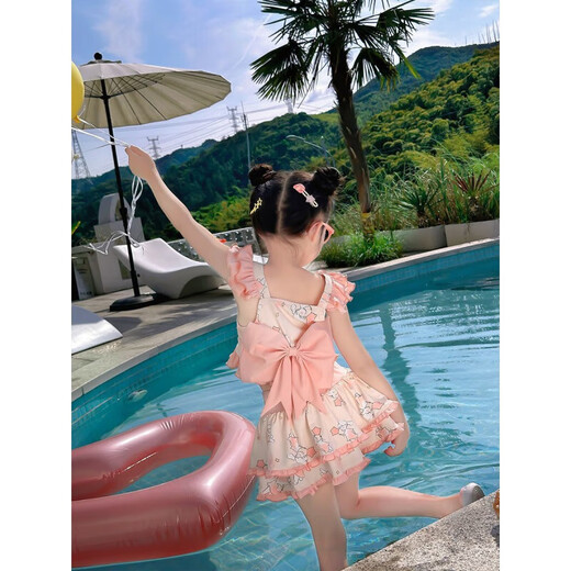 Qisiman girls swimsuit summer suit 2024 new split princess swimsuit swimsuit baby children fashionable and cute princess style (swimsuit + swimming trunk + swimming cap) 130