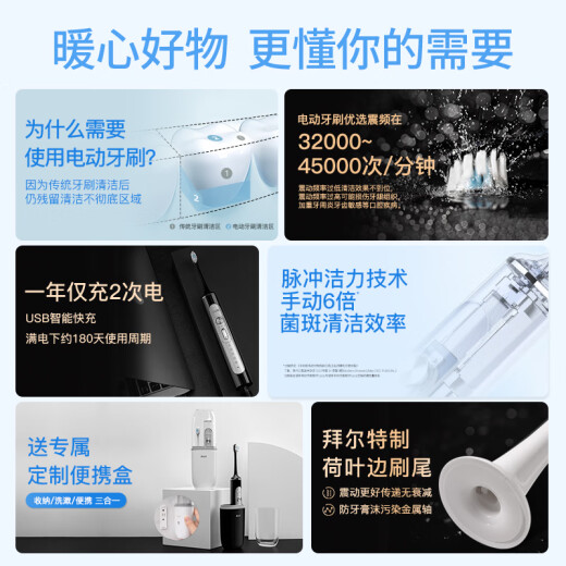 拜尔（BAIR）G2/G201高端旗舰机 电动牙刷成人震动充电智能声波学生情侣全自动牙刷男士女送朋友 礼盒装 魅力黑（6枚原装刷头）