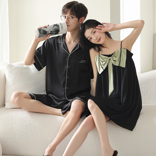 Delia ice silk couple pajamas men summer short-sleeved suit thin cool sling nightgown women casual home clothes L6215 M women + XL men