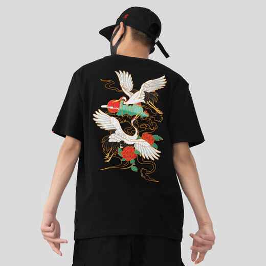 T-shirt brodé de Denon Suprême à manches courtes pour hommes et femmes Broile de mode chinois Plum Blossom Tendance destiné à couple National Trend T-shirt T733 Black M-Size (recommandé 95-115Jin [Jin est égal à 0,5 kg]))