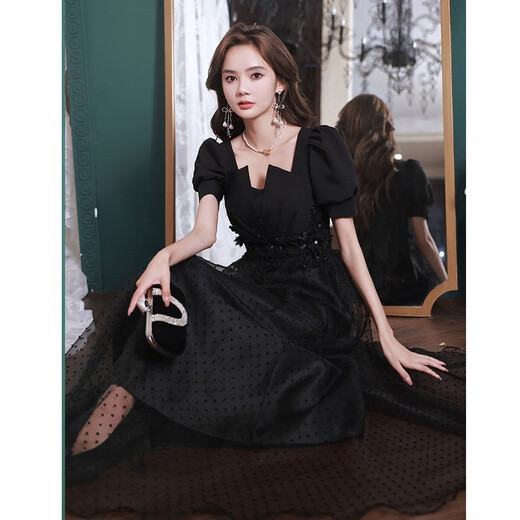 Seidler black evening dress for women's banquet, light luxury and noble French Hepburn style annual meeting vocal music test long style black XXXL (recommended 136-145 Jin Jin equals 0.5 kg)