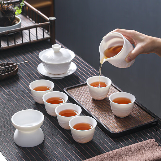 MULTIPOTENT complete tea set mutton fat jade Chinese white relief splendid mountain and river covered bowl 6 cup set gift box gift set