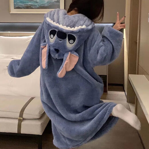 TULX large size pajamas 200Jin Jin is equal to 0.5kg Stitch Cartoon Autumn and Winter Coral Velvet Long Nightgown Couple Internet Celebrity Style Pajamas for Men Blue Stitch Unisex Style 2XL 170-200Jin Jin is equal to 0.5kg High Quality Velvet