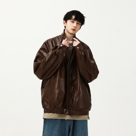 OEMG美式复古机车赛车服外套男春秋冬季PU皮衣高级感皮夹克 咖色常规 2XL 【建议150-165斤】