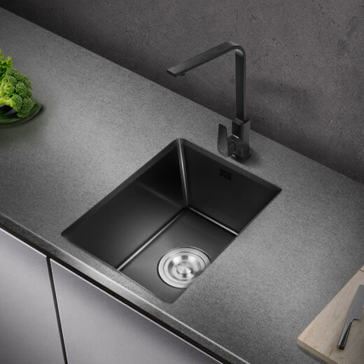 PULT Black Nano Kitchen Balcony Bar Handmade Small Sink Single Tank 304 Stainless Steel Washing Basin Mini Washing Pot With 6193 Round Faucet Full Set 450x400mm