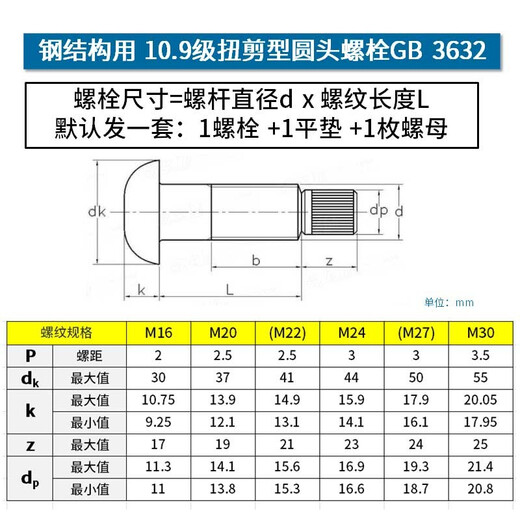 Jishuo 10.9 level torsion shear type high strength bolt M16/20/22/24/27/30 connection pair GB3632 round head torsion shear M20*80 including 1 flat and 1 female