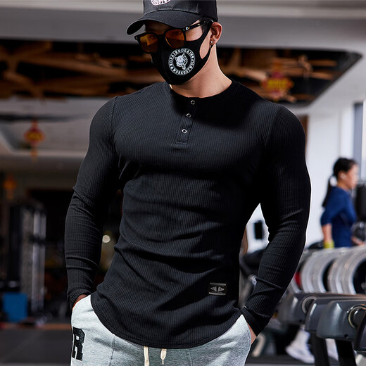 Lutielang fitness clothes men's long-sleeved sports T-shirt tights quick-drying elastic breathable training bottoming shirt autumn and winter military green L