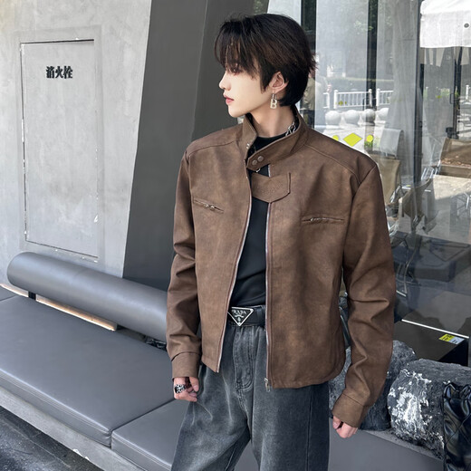 Poum American Retro Motorradanzug Leder Jacke Männer Frühling Mode hübsche Jacke Lose Casual Modemarkjacke Männer Qyrj-G141 Brown XL