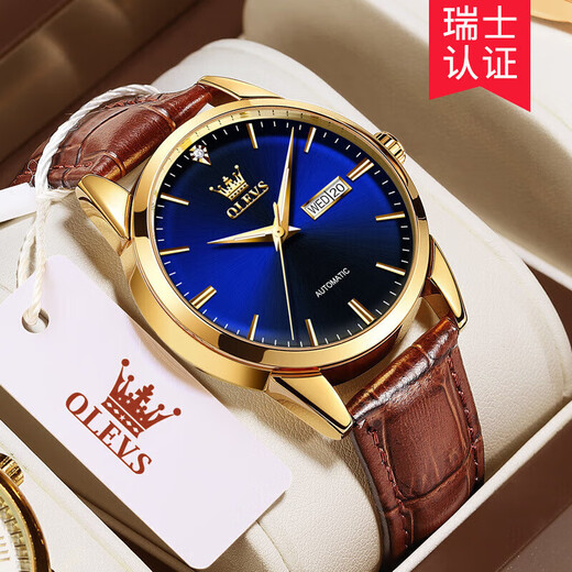 Olevs Swiss Certified Brand Watch Men's Mechanical Watch entièrement automatique Automatique Imperpose haut de gamme HEATS MENSE CADEAU chinois de la Saint-Valentin pour le petit ami Amélioration de la version améliorée-6629 Brown Leather Full Gold Blue Face Men