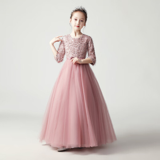 Xiaokayinong girls dress princess dress flower girl wedding little girl host evening dress piano performance suit long sleeve spring and summer champagne color long 361-D2160cm