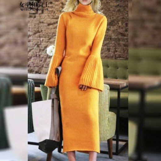 Witch and Knight Original Designer Women's Brand Turtleneck Sweater Dress Women's Mid-Length Autumn New Style Bell Sleeves Fashionable Slim Goddess Style Yellow S