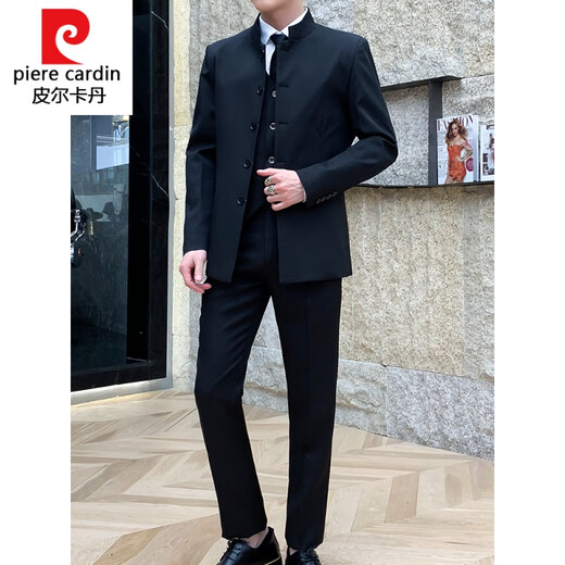 皮尔卡丹 针织新中式立领中山装夹克套装男士稳重大气特色中国风唐式西装 黑色【单件上衣】 M 【85斤-110斤】