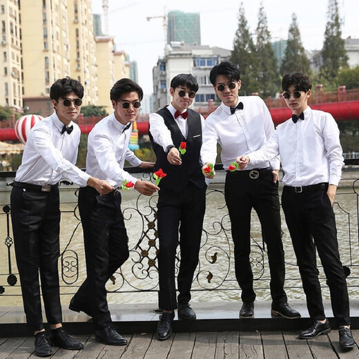 Xinhan best man wedding dress brother suit men's large size brother group summer western shirt vest suit dress clothes long sleeve shirt + gray pants + gray vest + black bow tie PT L
