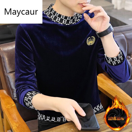 Maycaur香港潮牌秋冬季男士金丝绒半高领长袖t恤韩.版绣花修身打底衫卫衣 DB692黑色  加绒 2XL 建议135-150斤