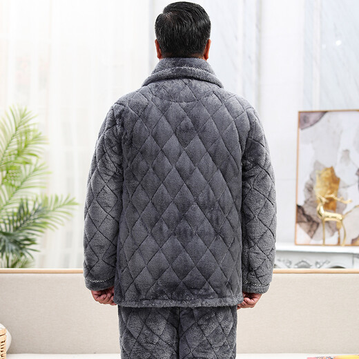 轩朵淇睡衣男冬季加厚加绒珊瑚绒三层夹棉法兰绒爸爸中老年人家居服套装 C9913#黑灰色男【长毛绒】 L(100-120斤)三层加厚