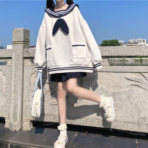 蓝骏启日系可爱兔耳朵圆领风宽松卫衣女蝴蝶结长袖秋装套头上衣学生 白色 757（薄款） M （建议60~80）