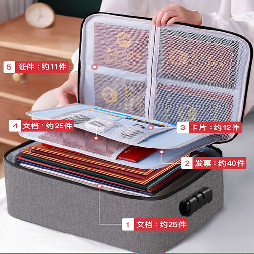 [Bolsa de almacenamiento de identificación gruesa] Home Multi-capa Multi-capa de caja multifunción Documento Pasaporte Bolsa de clasificación Bolsa Bolsa de tres capas grises con bloqueo [con posición de tarjeta]
