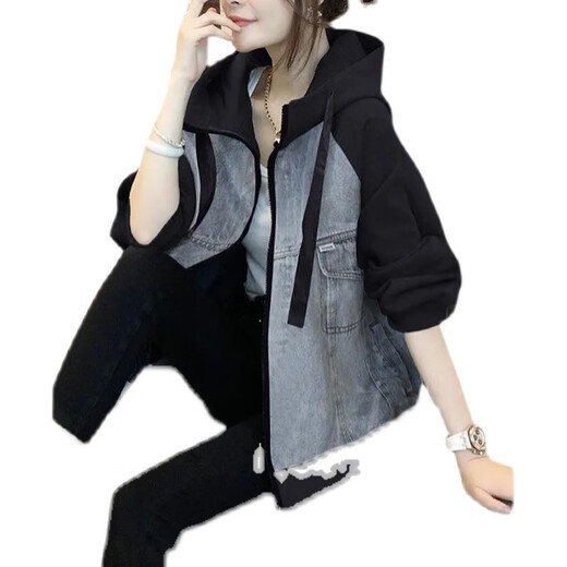 AEMAPE2025 Spring and Autumn New Black Hooded Splicing Baseball Jacket Women's Small Fashion Casual Denim Jacket Picture Color XL -115-125Jin Jin is equal to 0.5 kg