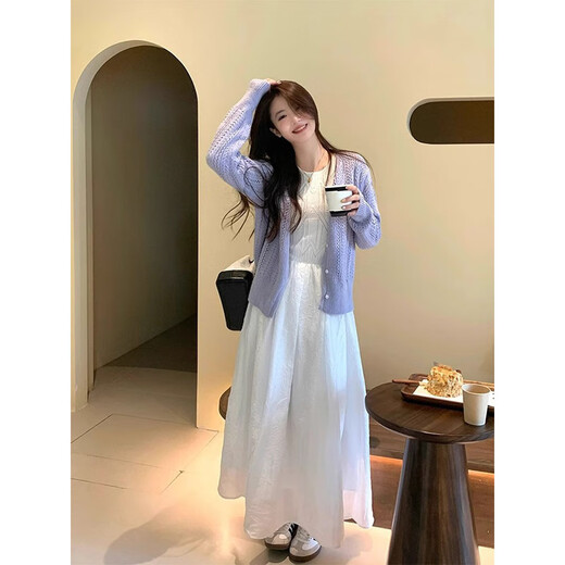 Vestido de primavera y otoño de Xuefei Lanqi para ropa para mujeres, un conjunto completo de 2025 NUEVO FIRMA LECHO PURE PURO SED SECURDE, Cárdigan púrpura + Vestido L [sugerido 110-125 Jin [Jin iguala 0.5 kg]]]