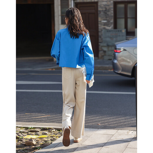 Demana simple and comfortable shirt, spring and autumn lapel diamond blue double patch pocket short long-sleeved shirt for women