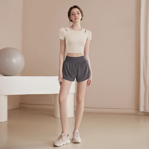 LULUUVTTOH Yoga Wear Short Sleeve Suit Women's Summer Running Sports Top Women's Fixed Cup Outer Wear Slimming Pilates Fitness Wear Gray Brown Pants L