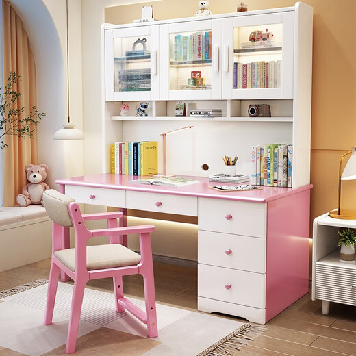 Bamboo sound desk solid wood computer desk bookshelf bookcase integrated combination study table and chair bedroom student writing desk home walnut color single table 140x60x186cm