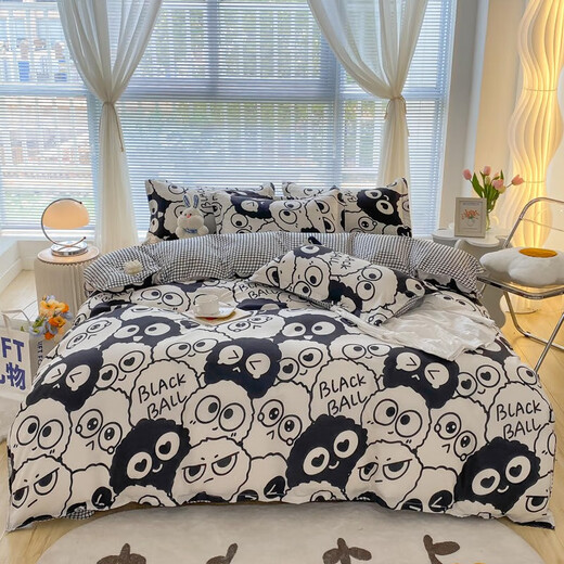 Yalu bed four-piece set, single simple hair-furted sheets and quilt covers, 4-piece set, double quilt winter quilt covers, bedding, cute coal balls, HS [buy 2 pieces and convenient to change] 1.8m four-piece set [quilt cover 180x220cm]