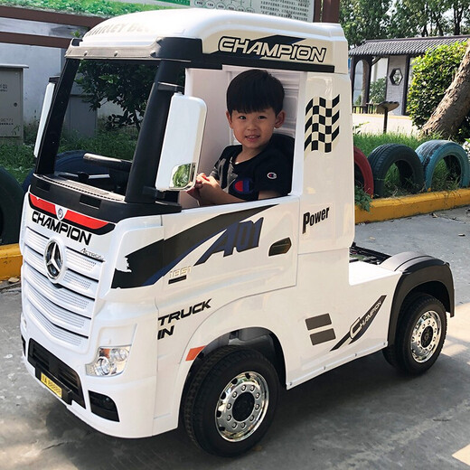 益京奔驰卡车头儿童电动汽车四轮四驱可坐人遥控宝宝货车小孩半挂拖车 高配白+大电瓶+四驱皮座+遥控+蓝牙音乐+手机遥控