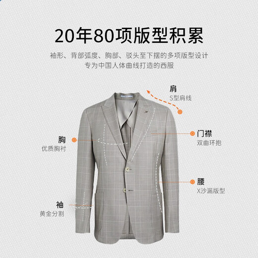 威可多（VICUTU）男士西服上衣羊毛舒适质感商务卡其西装外套VRS21112612 浅卡其格纹 170A
