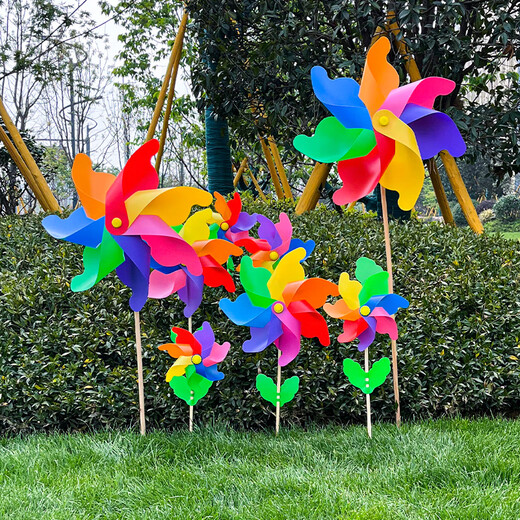 Onevan Windmühle Bunte Outdoor -Dekoration Plastik Big Windmill Spielzeug handgefertigtes Farbfarbs rotierende Requisiten Kinder Handheld kleine Windmühle verdickte 10 Packungen (farbenfrohe 32 cm mit 60 cm Holzstangen)
