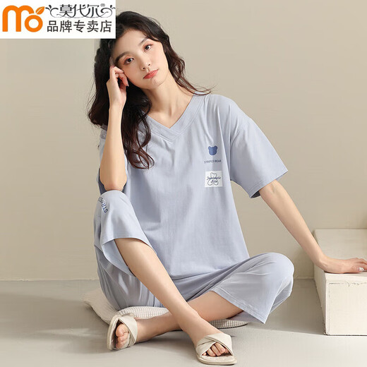 莫代尔睡衣女士夏季纯棉短袖七分裤简约休闲家居服薄款感可外穿套装 HN683 女-L【100-125斤 158-167cm】