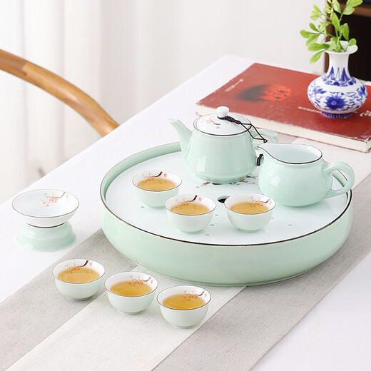 Only ancient Chaoshan Kung Fu tea set, household small set, celadon tea tray, teapot, covered bowl, teacup, ceramic tea boat, office tea sea, teapot, ceramic tea tray, 10-piece set (ordinary packaging)