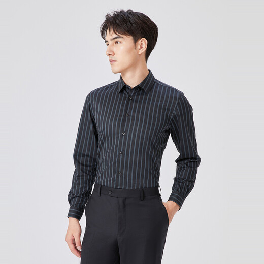 YOUNGOR long-sleeved shirt men's striped DP no-iron shirt cotton stretch fabric anti-wrinkle flat easy care shopping mall same style gray blue 41