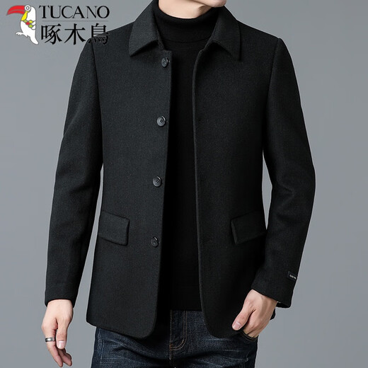 Woodpecker Premium Quality Autumn and Winter Men's Double-sided Woolen Coat Short Lapel Woolen Windbreaker Jacket Dad's Cashmere Black 175/L