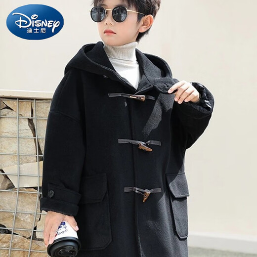 Disney (Disney) Boys' Woolen Coat 2024 Autumn and Winter New Children's Horn Button Woolen Coat Children's Clothing Top Mid-Length Loose Hooded Black 120 Recommended height is about 120cm