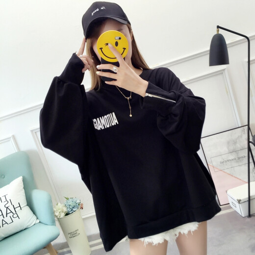 Langyue women's spring sweatshirt for female students Korean style loose letter print casual long-sleeved top bf trend LWWY198317 black M/one size