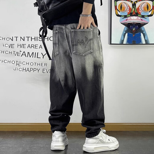 潮牌百搭水洗牛仔裤男宽松小直脚哈伦裤春秋款砂洗渐变阔腿牛仔裤 黑灰色 8XL 【建议280-300斤】