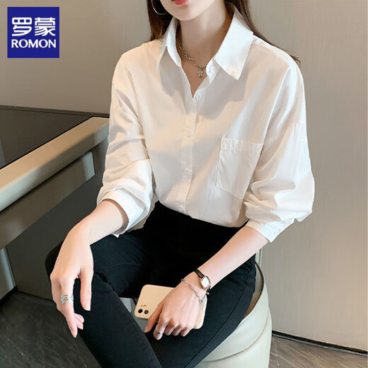 ROMON cotton shirt for women in autumn new design niche top casual bottoming shirt versatile inner layering shirt white XL recommended 120-135 Jin Jin equals 0.5 kg