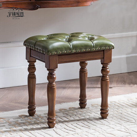 Yaowanxi Round Stool Soft Pack American Makeup Stool Dressing Table Stool Manicure Stool European Solid Wood Modern Simple Bedroom D2 Model Walnut Green Leather Pull-Buckle Style