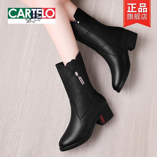 Cartelo Crocodile (Cartelo) Top Cow Wide Martin Boots Botas Madre de mediana edad Zapatos de cuero genuino genuinos 2025 Nuevas botas de tubo de otoño e invierno GQ9716-2 Negro Single 35 35