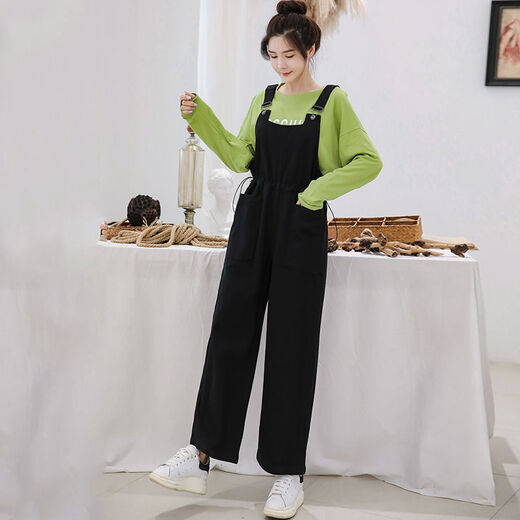 
Langwei Feray autumn pants overalls for female students Korean style loose high waist nine-point straight wide-leg work clothes casual pants winter 829 single piece black overalls L
