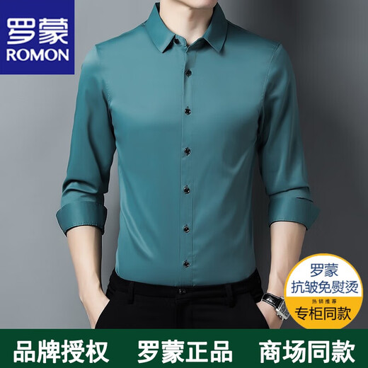 罗蒙长袖衬衫男秋冬季男士衬衣无痕中青年春秋高档免烫上衣商务弹力 上青色 XL（125斤-140斤）