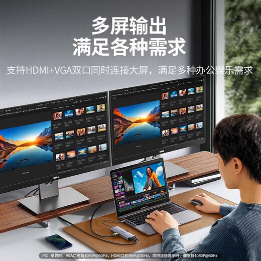 Type-C拓展坞雷电3/4扩展坞USB-C转HDMI分线器转接头 适用MacBoo 10合1HDMI+VGA+网卡+音频15601