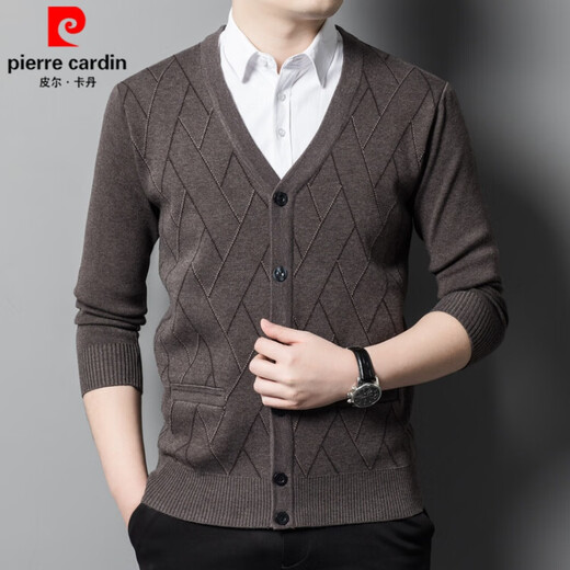 皮尔卡丹（pierre cardin）品牌羊毛针织开衫男士中青年秋冬季新款休闲毛衣外套百搭宽松上衣 中灰 185